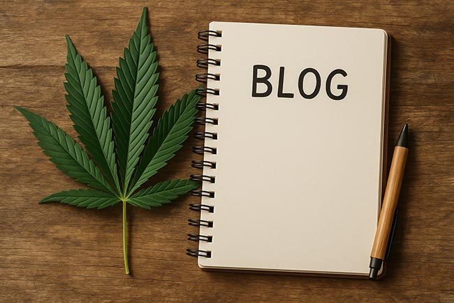 Cannabisblatt auf Tisch neben einen Block