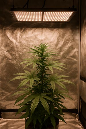 Cannabispflanze im Growzelt mit LED-Beleuchtung
