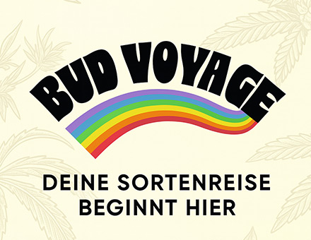 Bud Voyage Logo mit illustrierten Cannabisblättern im Hintergrund