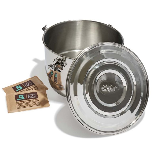 Boveda CVault 8 Liter aus Edelstahl mit 2x67g Boveda Humidor Pack zur optimalen Lagerung von Cannabisblüten – luftdicht, aromatreu und feuchtigkeitsreguliert