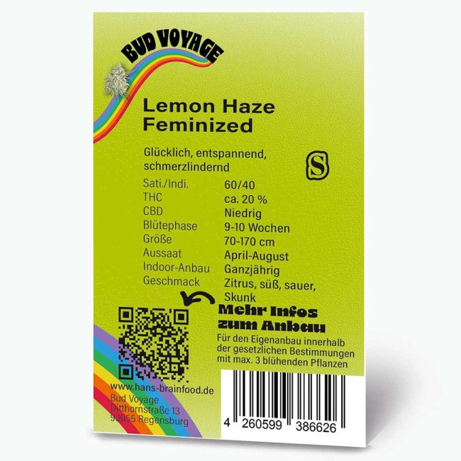 Preview: Rückseite der Verpackung der Lemon Haze Sorte von Bud Voyage
