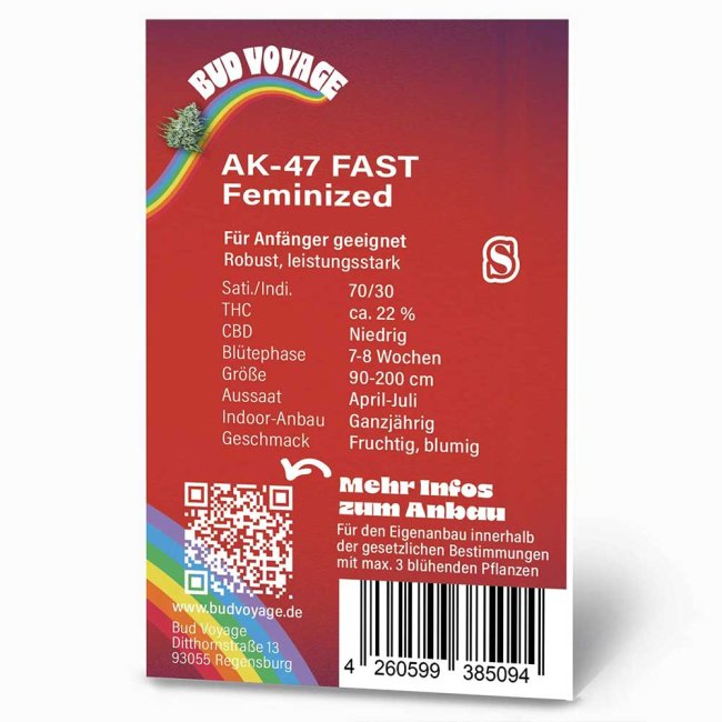 Preview: Bud Voyage AK-47 Feminisiert Preview: Rückseite der BudVoyage AK-47 Feminisiert Verpackung – Wichtige Informationen zu Blütezeit, Pflanzengröße, THC-Gehalt & Ertrag auf einen Blick.