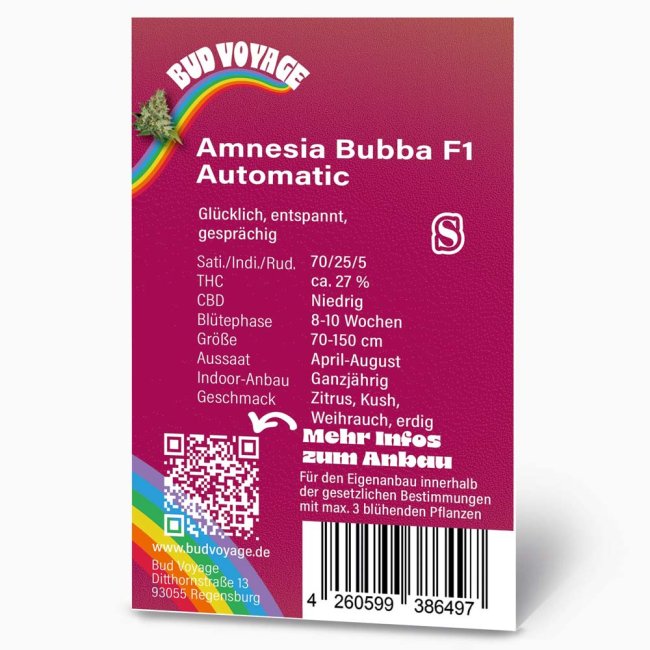 Bud Voyage Amnesia Bubba F1 Automatic Verpackungsrückseite mit relevanten Informationen