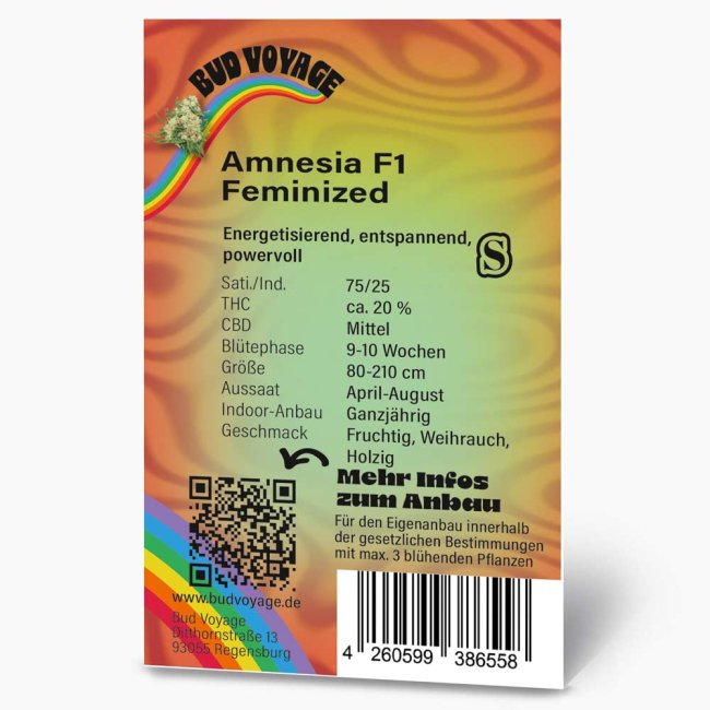 Preview: Bud Voyage Amnesia F1 Feminisiert Verpackung Rückseite mit relevanten Informationen