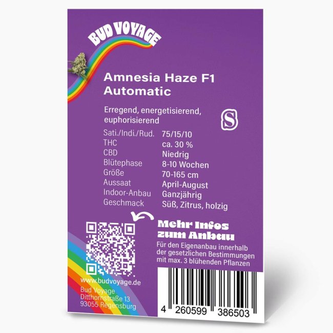 Bud Voyage Amnesia Haze F1 Automatic Verpackung Rückseite mit relevanten Informationen