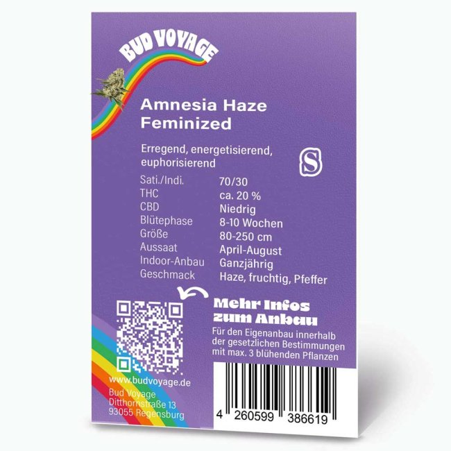Bud Voyage Amnesia Haze Feminisiert Packung Rückseite mit wichtigen Informationen