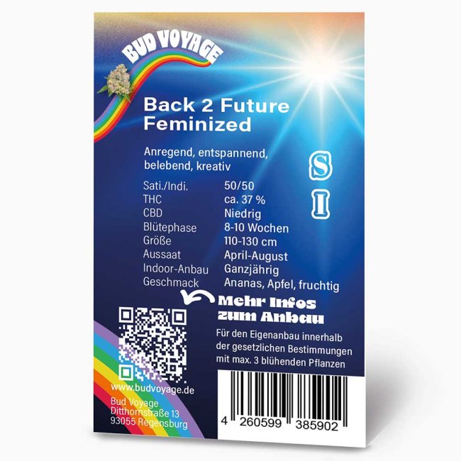 Rückseite der BudVoyage Back 2 Future Feminisiert Verpackung – Wichtige Informationen zu Blütezeit, Pflanzengröße, THC-Gehalt und Ertrag auf einen Blick.