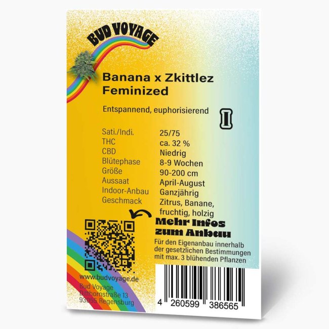 Bud Voyage Banana x Zkittlez Feminisiert Verpackung Rückseite mit relevanten Informationen