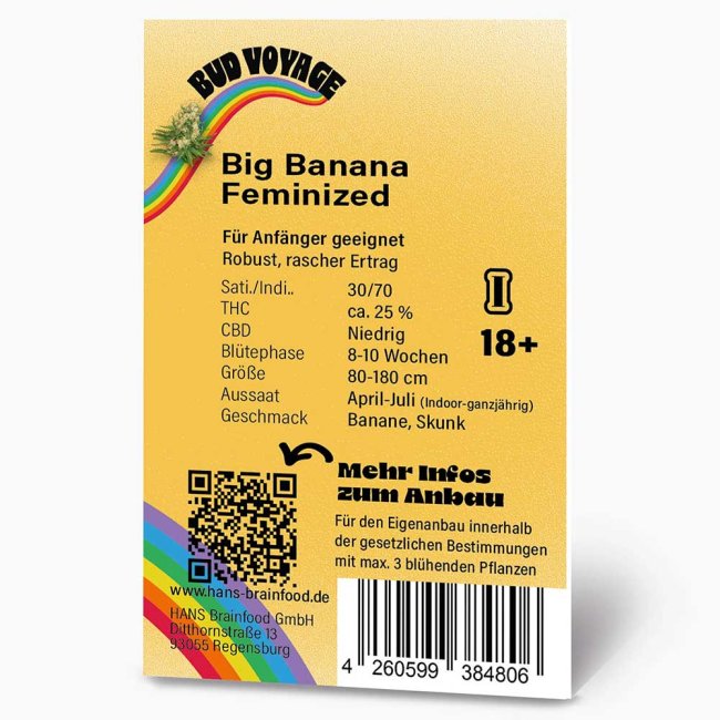 Preview: Bud Voyage Big Banana Feminisiert Preview: Rückseite der Bud Voyage Big Banana Feminisiert Verpackung – Wichtige Informationen zu Blütezeit, Pflanzengröße, THC-Gehalt & Ertrag auf einen Blick.