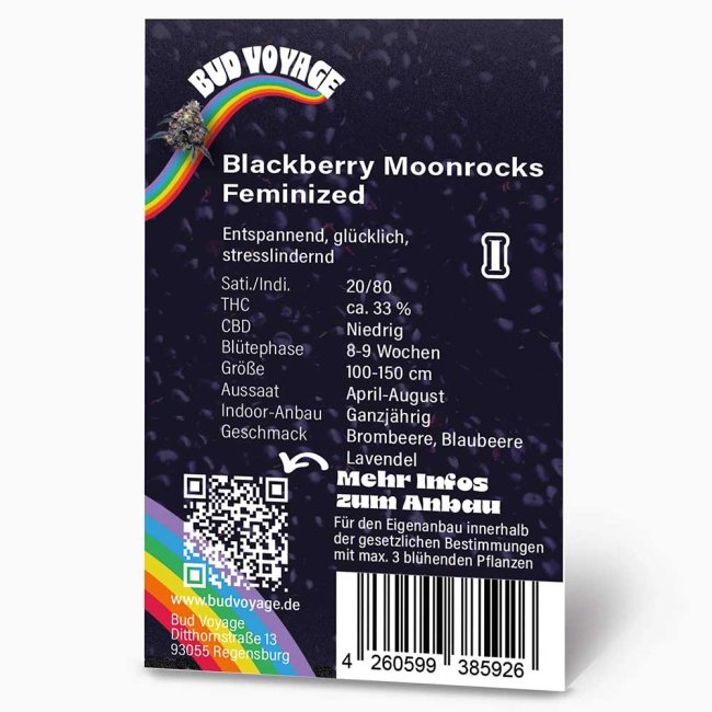 Preview: Bud Voyage Blackberry Moonrocks Feminisert Preview: Rückseite der BudVoyage Blackberry Moonrocks Feminisiert Verpackung – Wichtige Informationen zu Blütezeit, Pflanzengröße, THC-Gehalt und Ertrag auf einen Blick.