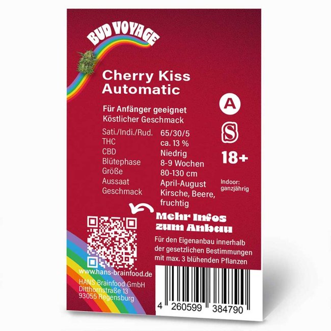 Rückseite der Bud Voyage Cherry Kiss Automatic Verpackung – Wichtige Informationen zu Blütezeit, Pflanzengröße, THC-Gehalt & Ertrag auf einen Blick.