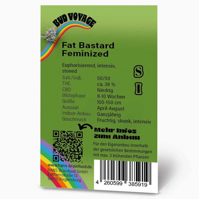 Rückseite der BudVoyage Fat Bastard Feminisiert Verpackung – Wichtige Informationen zu Blütezeit, Pflanzengröße, THC-Gehalt und Ertrag auf einen Blick.