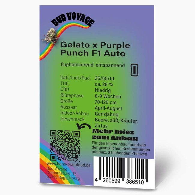 Bud Voyage Gelato x Purple Punch F1 Automatic Verpackung Rückseite mit relevanten Informationen