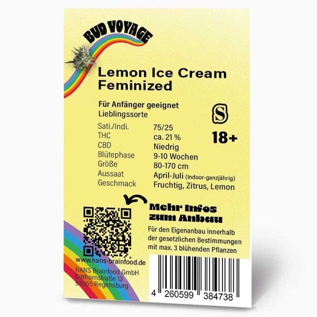 Rückseite der Bud Voyage Lemon Ice Cream Feminisiert Verpackung – Wichtige Informationen zu Blütezeit, Pflanzengröße, THC-Gehalt & Ertrag auf einen Blick.