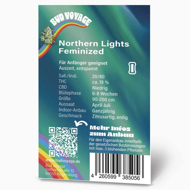 Rückseite der BudVoyage Northern Lights Feminisiert Verpackung – Wichtige Informationen zu Blütezeit, Pflanzengröße, THC-Gehalt & Ertrag auf einen Blick.