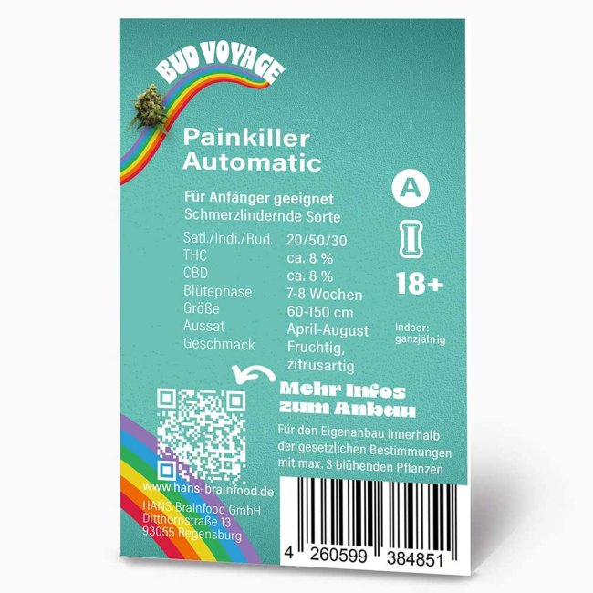 Rückseite der Bud Voyage Painkiller CBD Automatic Verpackung – Wichtige Informationen zu Blütezeit, Pflanzengröße, CBD- & THC-Gehalt auf einen Blick.