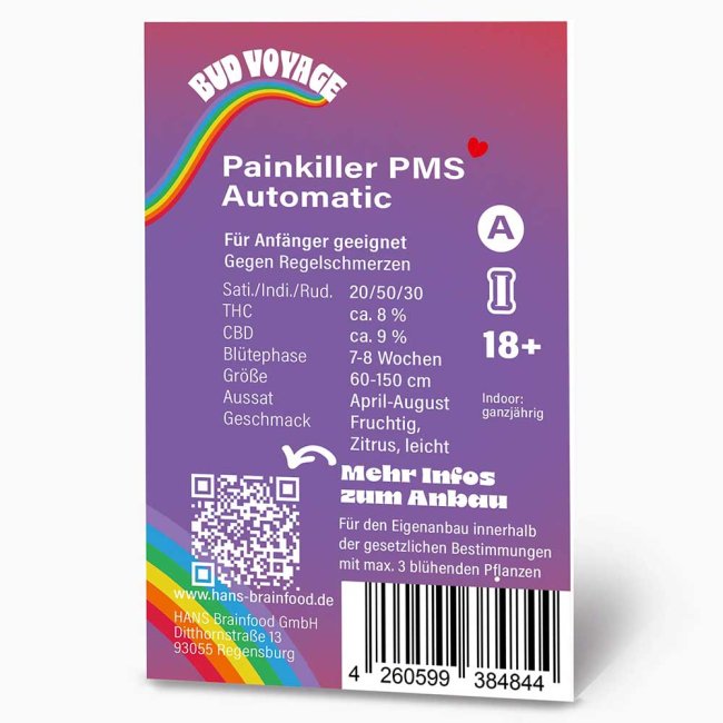 Rückseite der Bud Voyage PMS Painkiller CBD Automatic Verpackung – Wichtige Informationen zu Blütezeit, Pflanzengröße, CBD- & THC-Gehalt auf einen Blick.