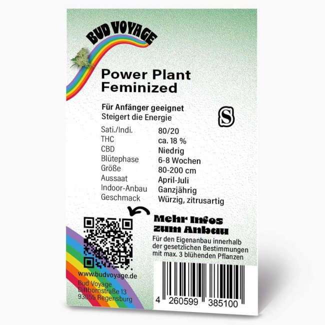 Rückseite der BudVoyage Power Plant Feminisiert Verpackung – Wichtige Informationen zu Blütezeit, Pflanzengröße, THC-Gehalt & Ertrag auf einen Blick.
