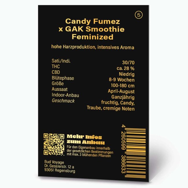 Bud Voyage PREMIUM US Candy Fumez x GAK Smoothie Verpackungsrückseite mit relevanten Informationen