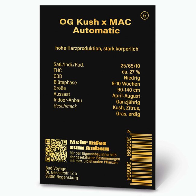 Bud Voyage PREMIUM US OG Kush x MAC Automatic Verpackungsrückseite mit allen relevanten Informationen