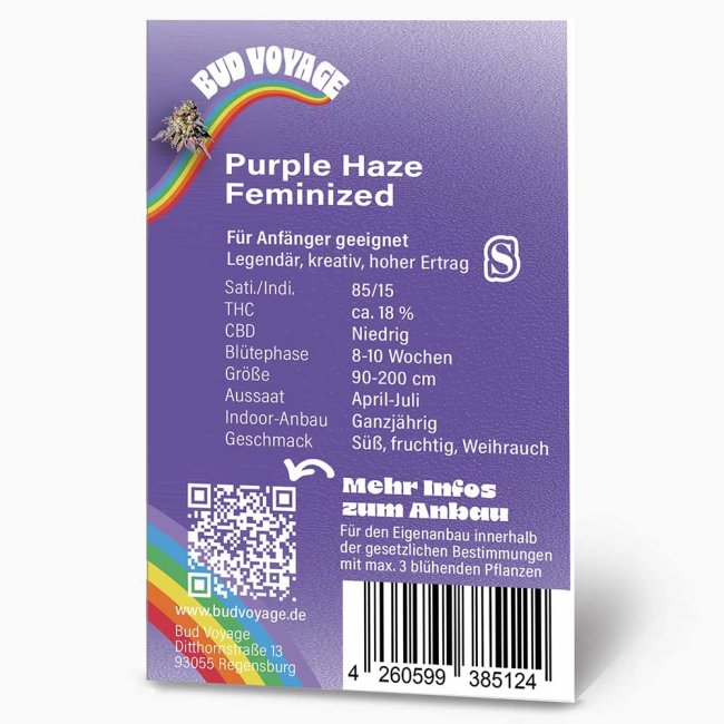 Rückseite der BudVoyage Purple Haze Feminisiert Verpackung – Wichtige Informationen zu Blütezeit, Pflanzengröße, THC-Gehalt und Ertrag auf einen Blick.