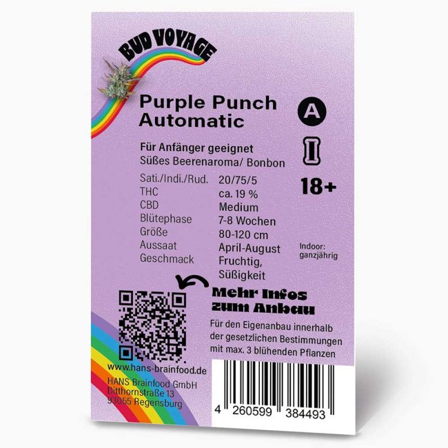 Rückseite der Bud Voyage Purple Punch Automatic Verpackung – Alle wichtigen Informationen zu Genetik, THC-Gehalt, Anbau und Ertrag auf einen Blick.
