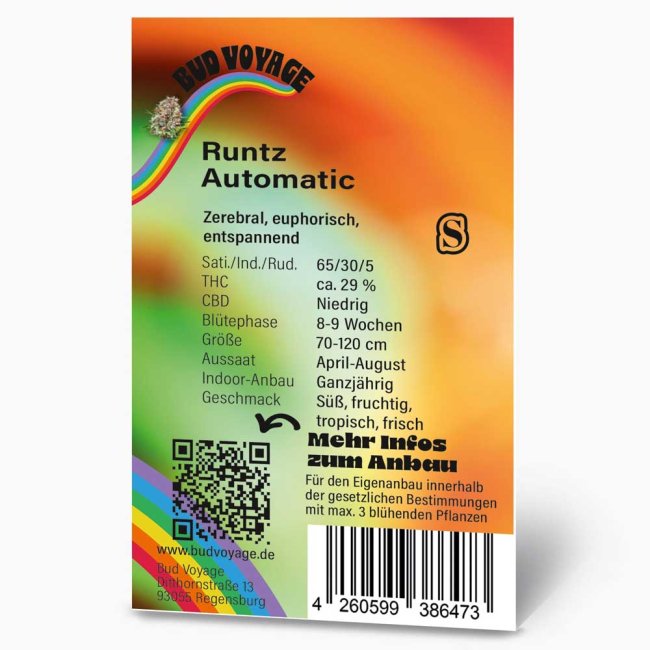 Bud Voyage Runtz Automatic Verpackungsrückseite mit relevanten Informationen