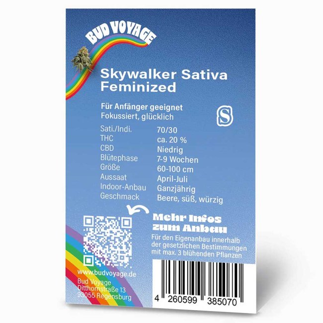 Rückseite der BudVoyage Skywalker Sativa Feminisiert Verpackung – Wichtige Informationen zu Blütezeit, Pflanzengröße, THC-Gehalt & Ertrag auf einen Blick.
