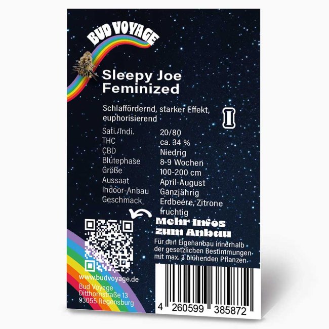 Rückseite der Bud Voyage Sleepy Joe Feminisiert Verpackung – Wichtige Informationen zu Blütezeit, Pflanzengröße, THC-Gehalt und Ertrag auf einen Blick.