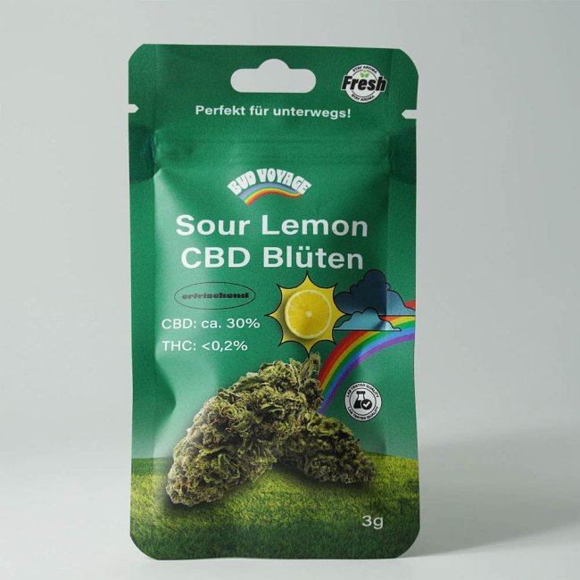 Bud Voyage Sour Lemon CBD-Blüten mit 30 % CBD und intensivem Zitrus-Aroma