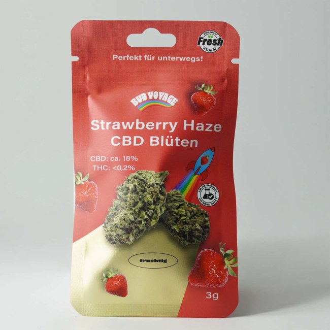 Bud Voyage Strawberry Haze CBD-Blüten mit 18 % CBD und intensiv fruchtigen Aroma