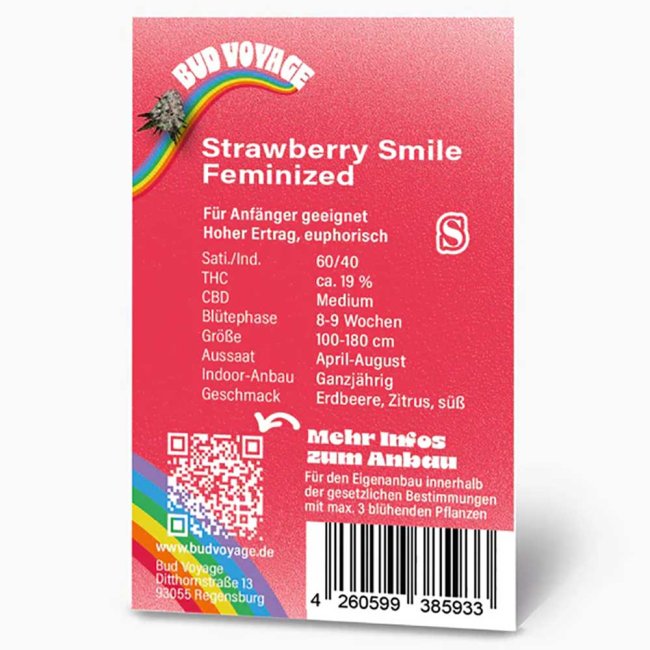 Rückseite der Bud Voyage Strawberry Smile Feminisiert Verpackung mit detaillierten Informationen zur Sorte, einschließlich Genetik, Aroma, Wirkung, THC-Gehalt, Blütezeit, Pflanzengröße und Ertrag.