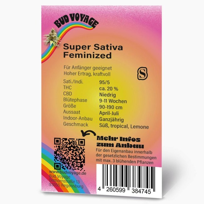 Bud Voyage Super Sativa Feminisiert Verpackung Rückseite mit relevanten Informationen