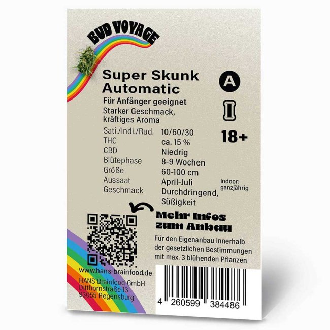 Rückseite der Bud Voyage Super Skunk Automatic Verpackung – Wichtige Informationen zu Blütezeit, Pflanzengröße, THC-Gehalt & Ertrag auf einen Blick.