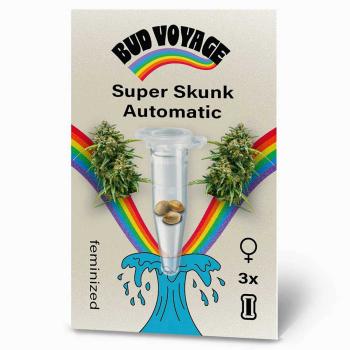 Bud Voyage Super Skunk Automatic – Stilvolle Verpackung mit modernem Design und klarer Produktkennzeichnung.