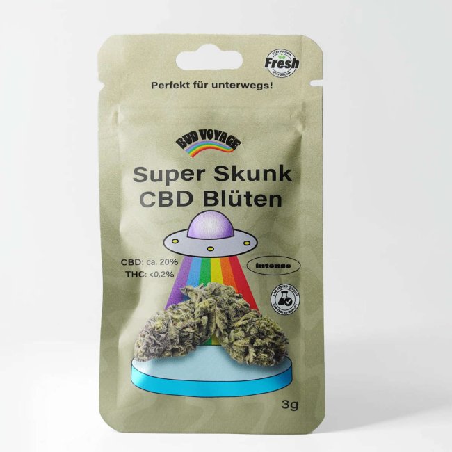 Bud Voyage Super Skunk CBD-Blüten mit 30 % CBD und intensivem  würzigen Aroma