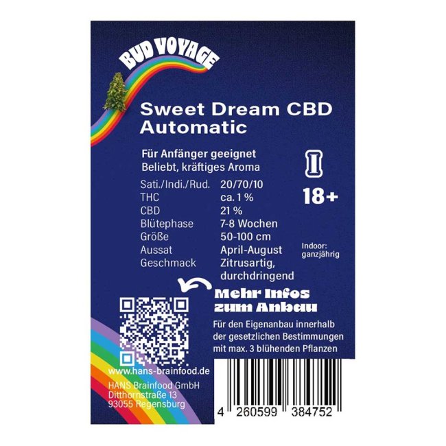Rückseite der Bud Voyage Sweet Dream CBD Automatic Verpackung – Wichtige Informationen zu Blütezeit, Pflanzengröße, THC- & CBD-Gehalt auf einen Blick.