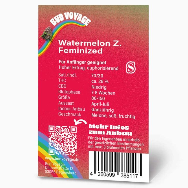 Rückseite der Bud Voyage Watermelon Zkittlez Feminisiert Verpackung – Wichtige Informationen zu Blütezeit, Pflanzengröße, THC-Gehalt und Ertrag auf einen Blick.
