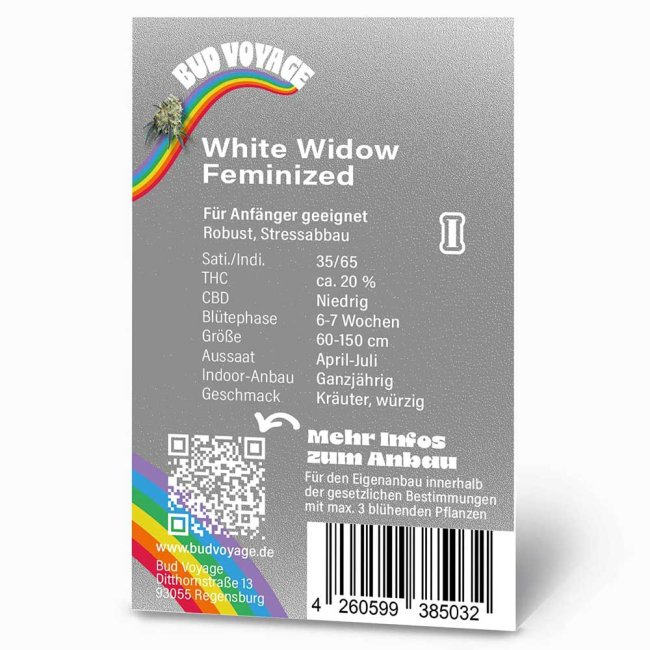 Rückseite der Bud Voyage White Widow Feminisiert Verpackung – Wichtige Informationen zu Blütezeit, Pflanzengröße, THC-Gehalt & Ertrag auf einen Blick.