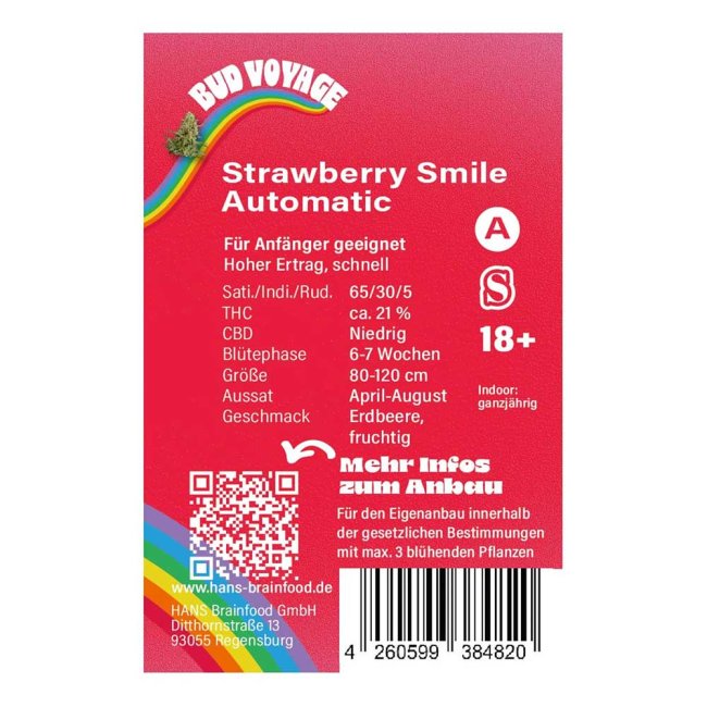Rückseie der Strawberry Smile Automatic Samenpackung von Bud Voyage – Informationen zur Sorte, Blütezeit, Größe und mehr.