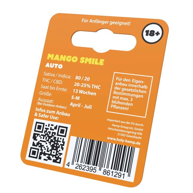 Holy Hemp Mango Smile Auto – Verpackung Rückseite mit ein paar wichtigen Informationen.