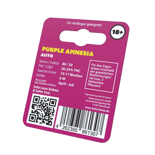 Holy Hemp Purple Amnesia Auto – Verpackung Rückseite mit ein paar wichtigen Informationen.