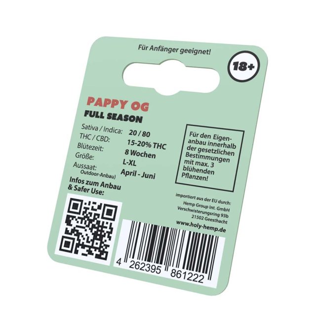 Holy Hemp Pappy OG – Verpackung Rückseite mit ein paar wichtigen Informationen.