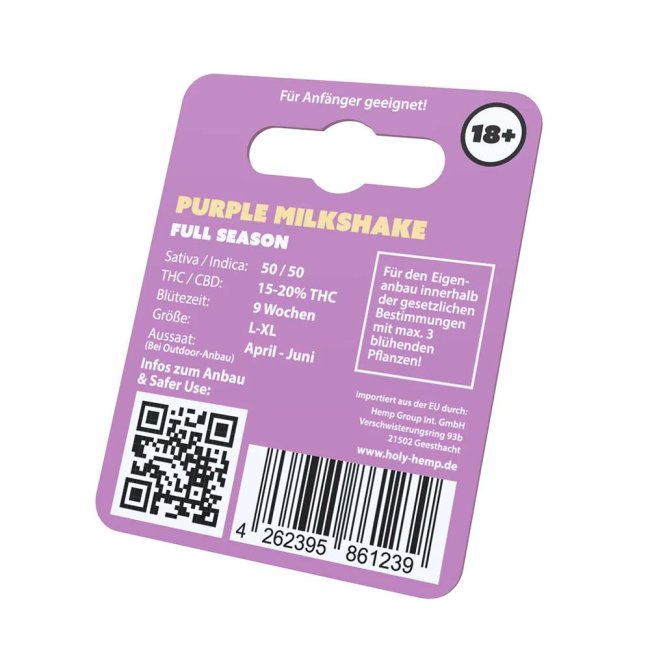 Holy Hemp Purple Milkshake – Verpackung Rückseite mit ein paar wichtigen Informationen.