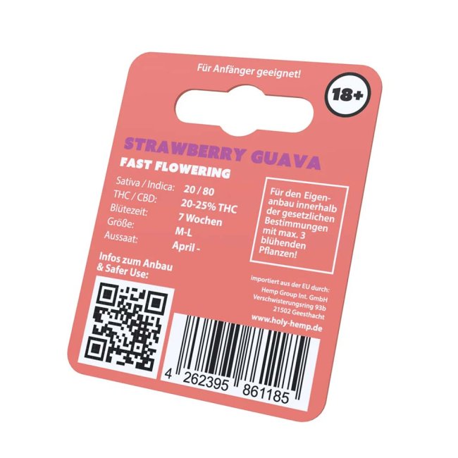 Holy Hemp Strawberry Guava – Verpackung Rückseite mit ein paar wichtigen Informationen.