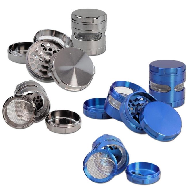 Kräutergrinder aus Metall mit Rotorklingen, Pollensieb und Sichtfenster – 4-teilig