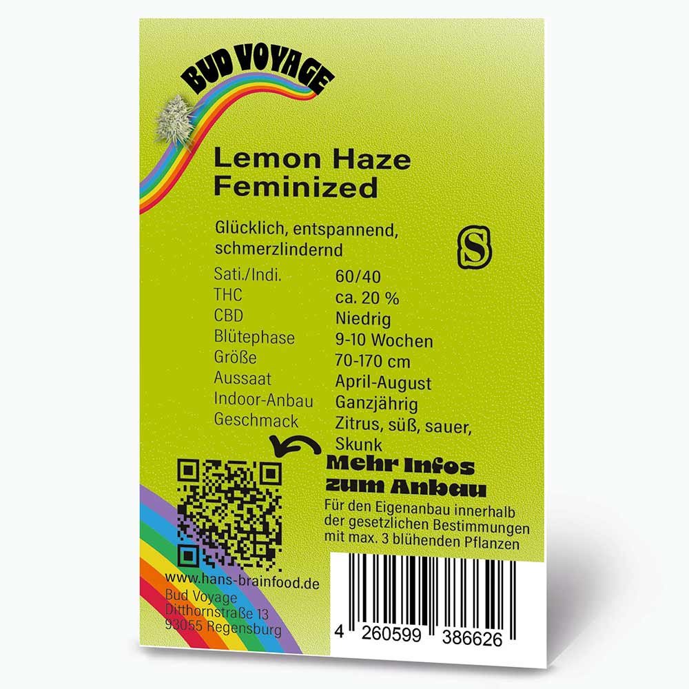 Rückseite der Verpackung der Lemon Haze Sorte von Bud Voyage