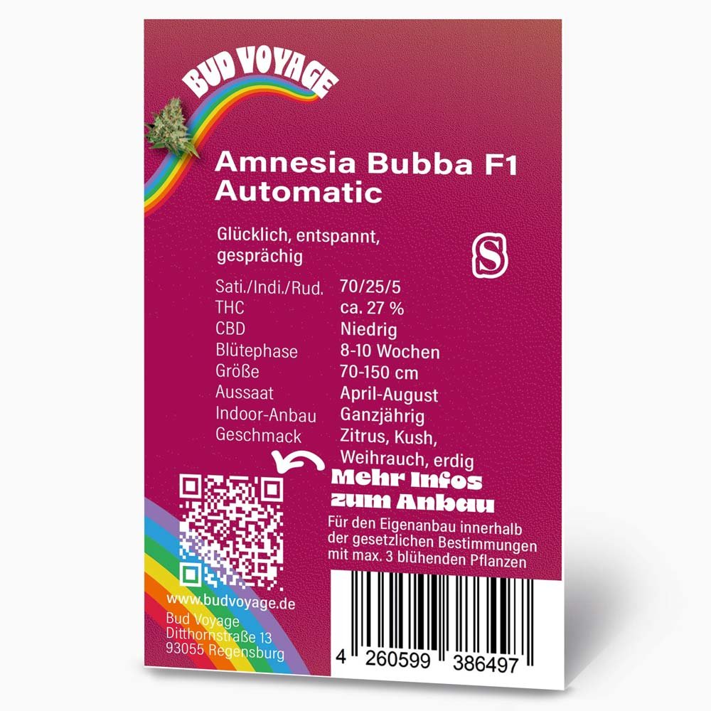 Bud Voyage Amnesia Bubba F1 Automatic Verpackungsrückseite mit relevanten Informationen