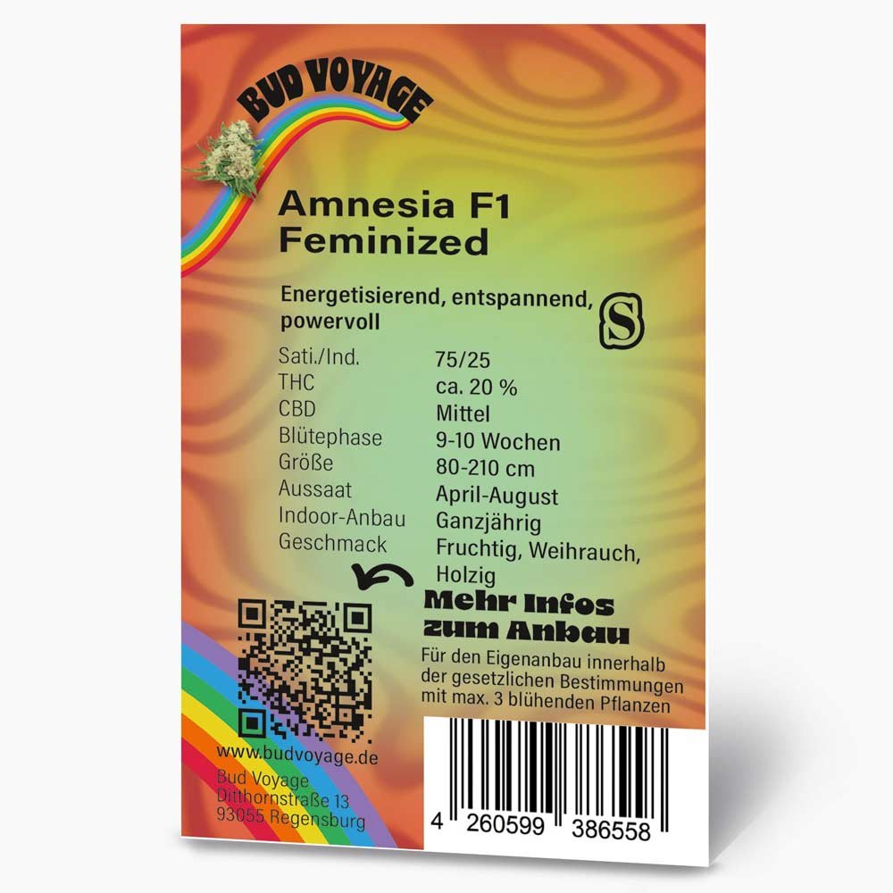 Bud Voyage Amnesia F1 Feminisiert Verpackung Rückseite mit relevanten Informationen