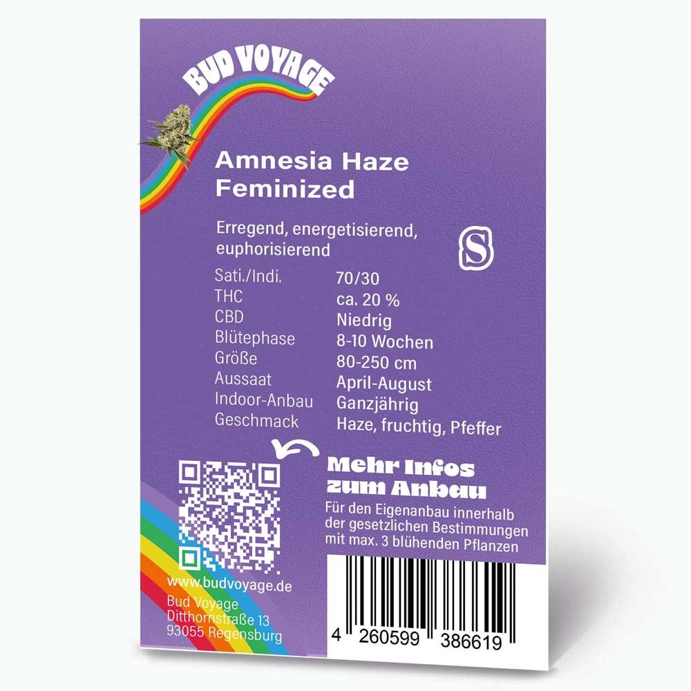 Bud Voyage Amnesia Haze Feminisiert Packung Rückseite mit wichtigen Informationen